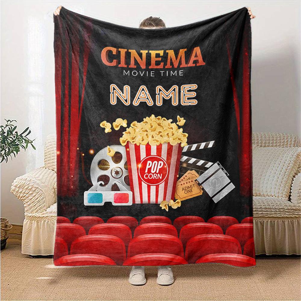 Cinema Movie Time With Popcorn And Reels Gift Customizable Blanket Personalized Name Comfortable Texture For Sofa Couch Office Bed Picnics Four