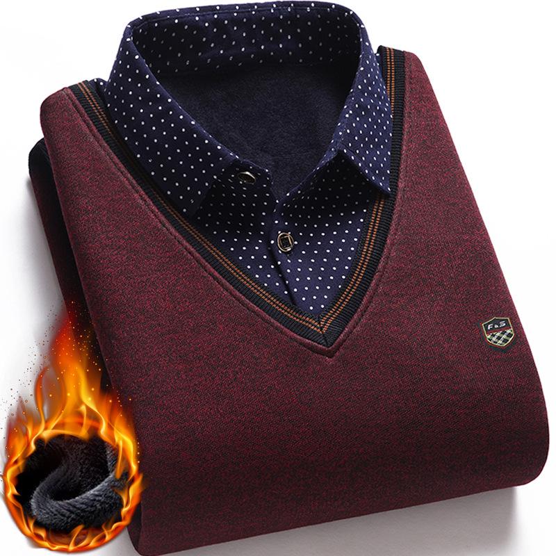 Men's Fleece-Lined Two-Piece Shirt Collar Sweater for Middle-Aged & Elderly