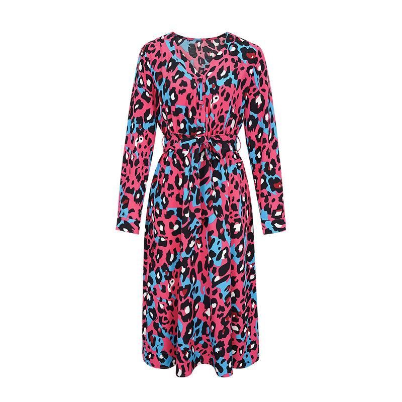 European and American new women's dress temperament fashionable V-neck straps long sleeves waist long dress hot sale