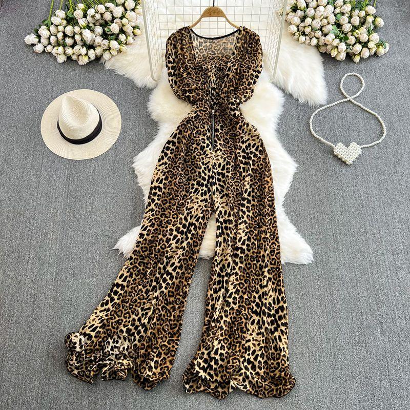 

Women s V-neck Leopard Print Casual High Waist Skirt Short Sleeve Brown leopard print One size