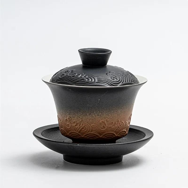 150ml Traditionelle Chinesische Keramik Gaiwan Teetasse Handgefertigt Meereswellen Teeschale Haushalt Schönheits Tee-Infuser Reise Tragbares Teegeschirr
