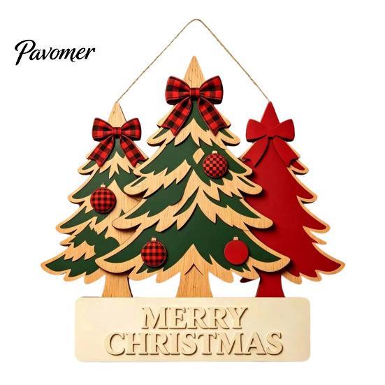 Christmas Front Entrance Sign Wooden Hanging Ornament, Multi-Layer Tree Wood Plaque Vintage Window Decor with Rope, Merry Festive Door Wall