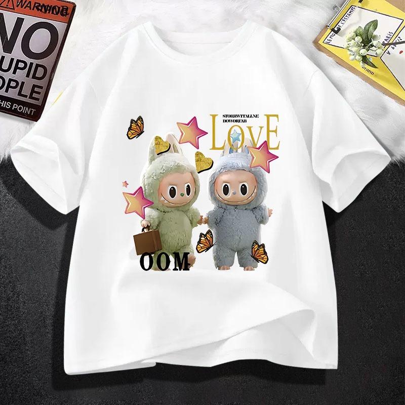 Cute Labubu Cartoon Printed T-shirt, Summer New Children's Round Neck Short Sleeved, Suitable for Girls Aged 4-14