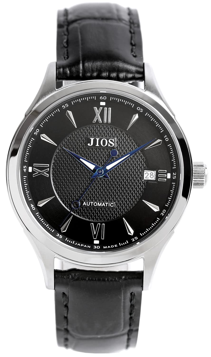 

JIOS Men s Automatic Watch, Made in Japan, Genuine Leather Strap, Sapphire Crystal (Black with Blue Hands and Black Crocodile Embossed Strap)