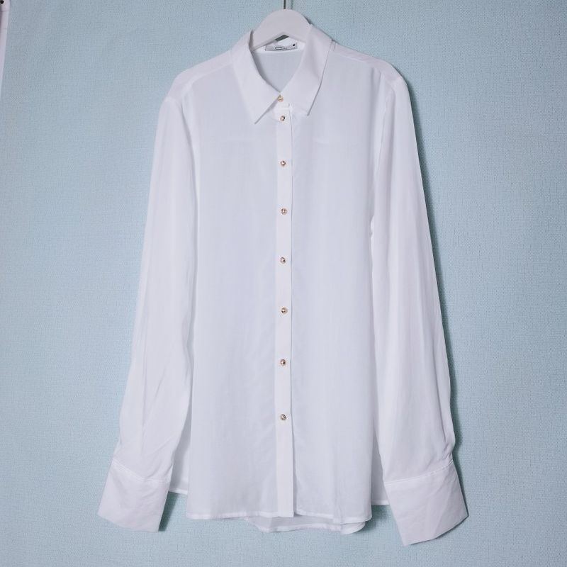 Fashion Original Single Cut Label Wood Tencel Long Sleeves White Shirt Women's Brass Buckle Professional Commute Bottoming Shirt Accessible Luxury OL