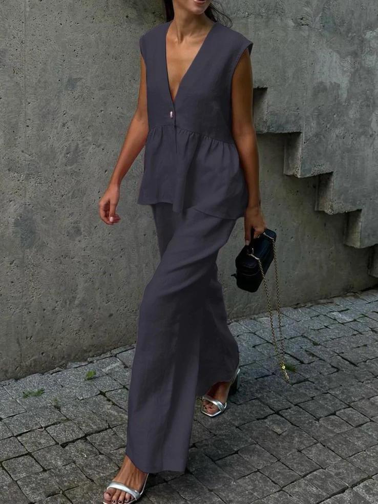 2025 Women's European-American Solid Color V-Neck Sleeveless Top & Long Pants Two-Piece Set - Stylish & Comfy