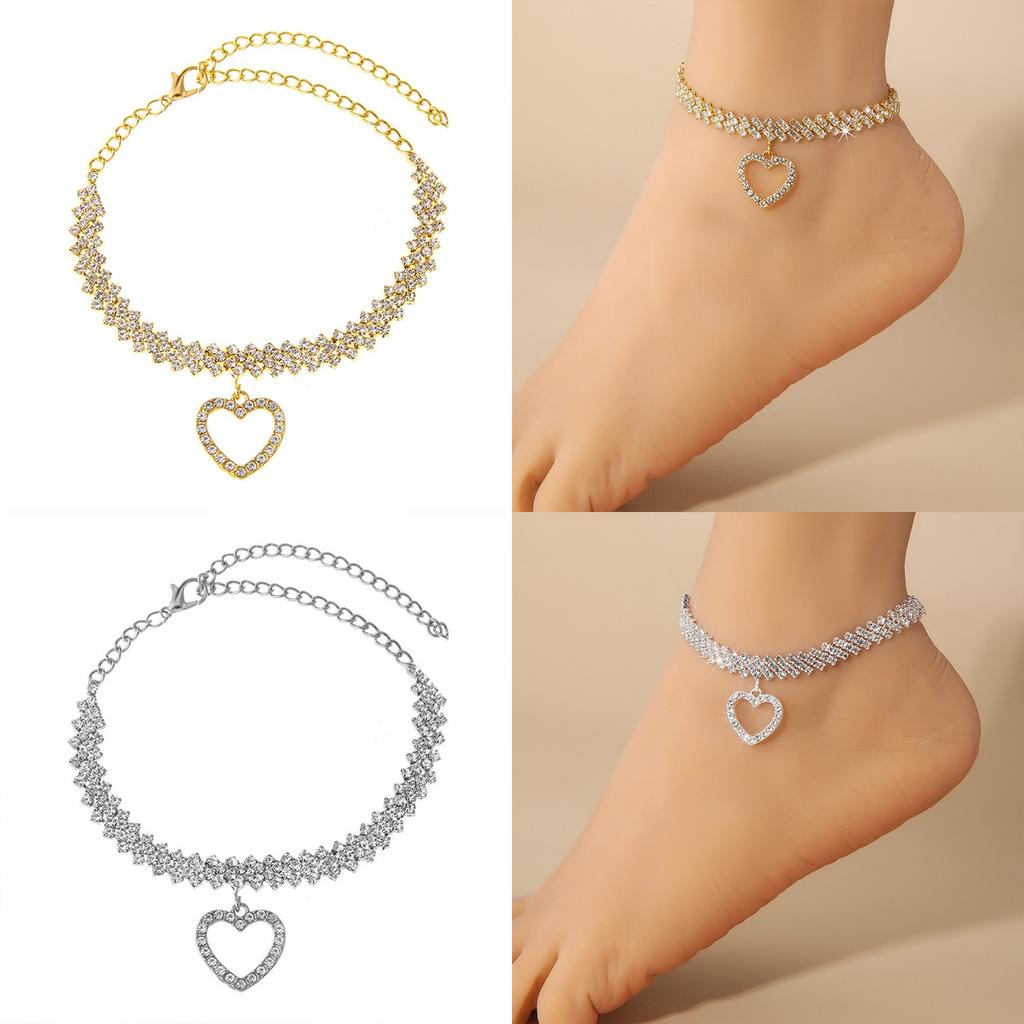 Rhinestone fotpynt, Justerbart ankelbånd, Krystall dobbelt hjerteformet ankelbånd