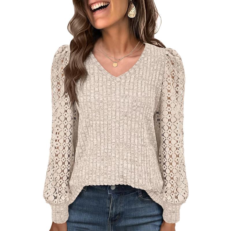 Women's Casual V-Neck Lace Long Sleeve Base Shirt Color Block Design Pure Color Tops Spring Autumn T-Shirt