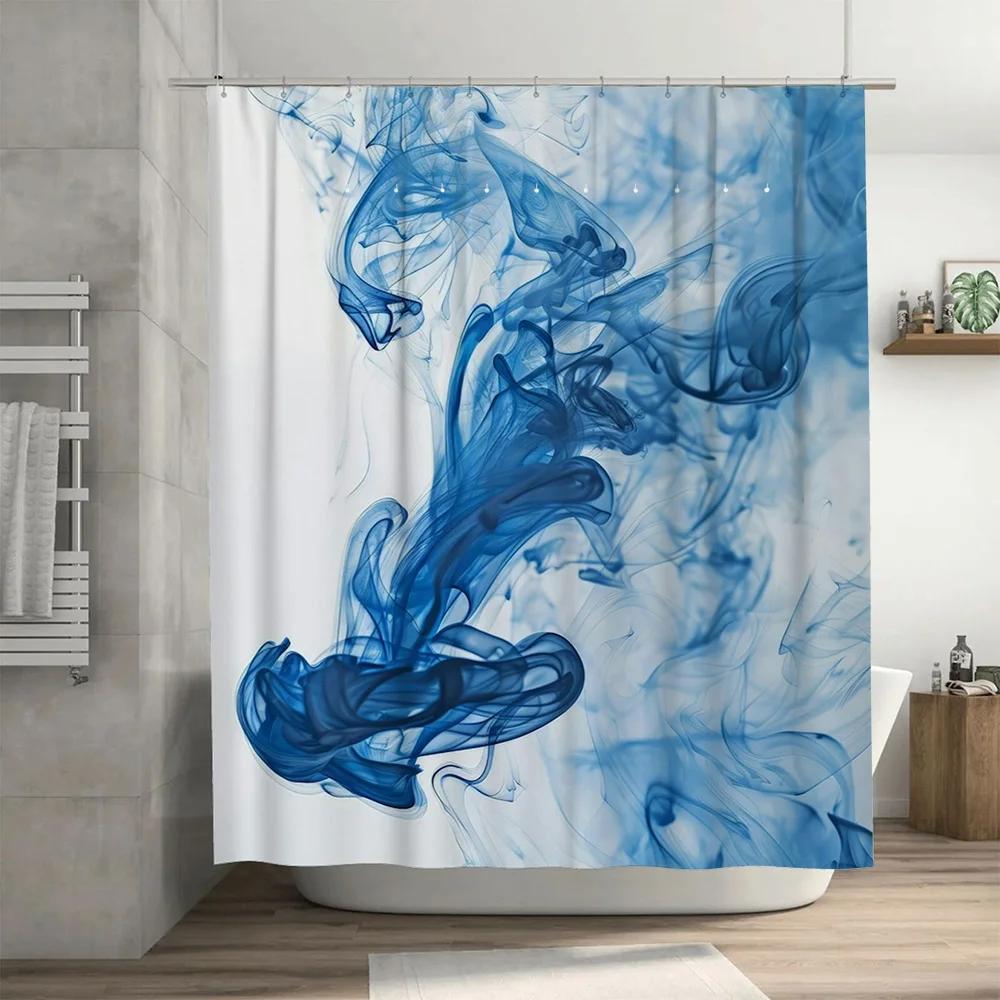 Blue Smoke Effect Shower Curtain Decor Modern Blue Ink Print Shower Panels Bathroom Decoration Waterproof Fabric