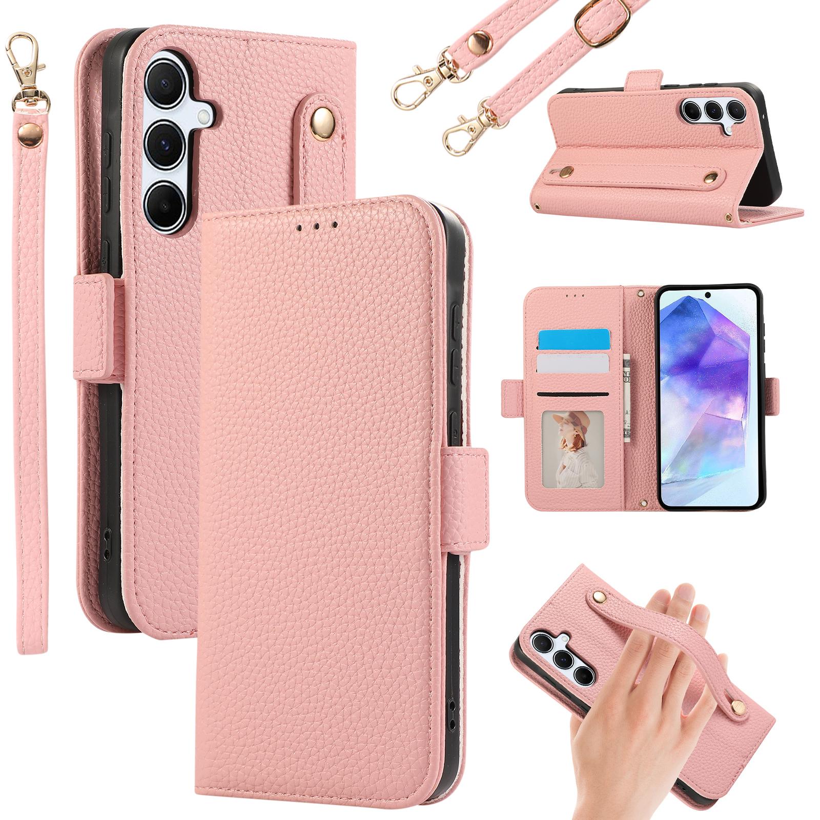 

For Samsung Galaxy S24 Leather Case with Card Holder,Straps,Shockproof Wallet Phone Cover Pink