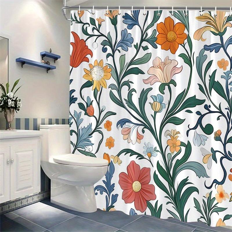 1pc Bright red, orange, yellow and blue floral pattern shower curtain, polyester fabric, machine washable, suitable for bathroom