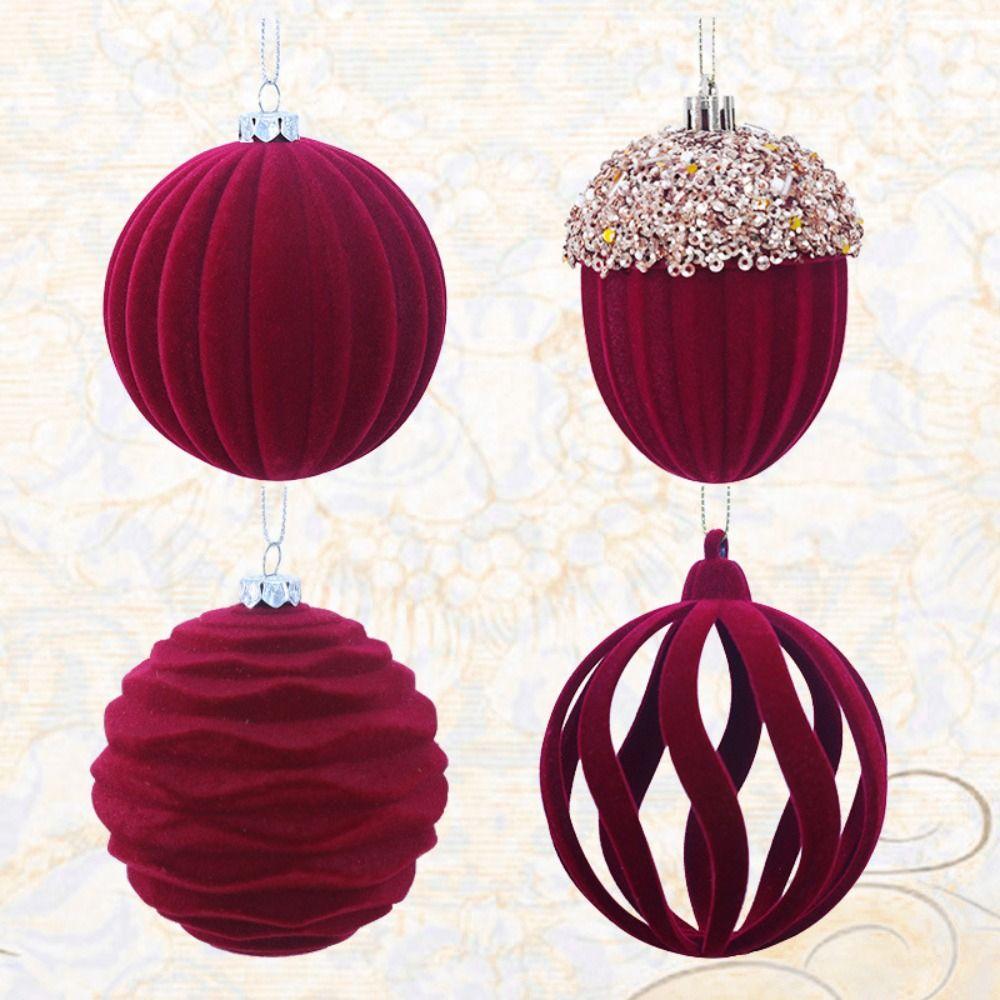 4pcs Flocked Velvet Christmas Ball Shatterproof Decorative Christmas Tree Pendant Delicate Xmas Hanging Ornament Shop