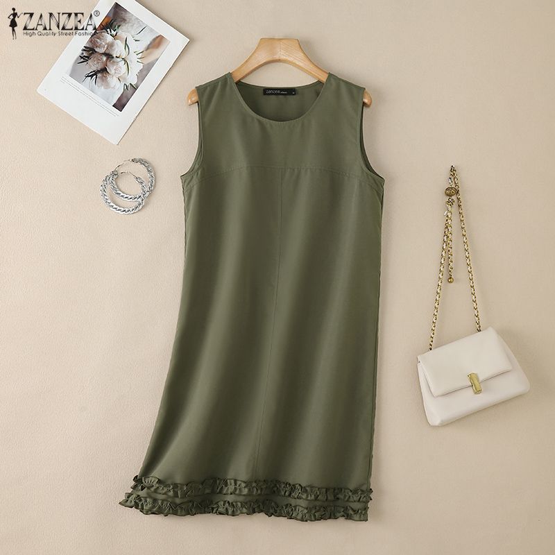 ZANZEA Women Casual Round Neck Solid Color Sleeveless Dress