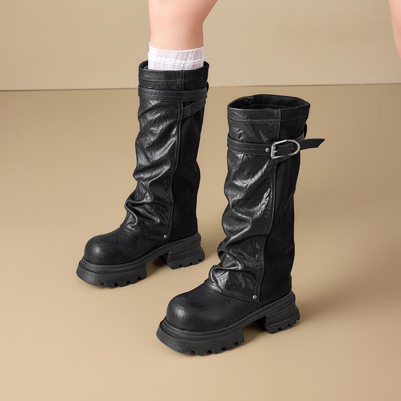 Maillard Boots Long Boots Women's Autumn and Winter Women's Shoes Pleated Belt Buckle Medium Pile Boots Brown Knight Boots