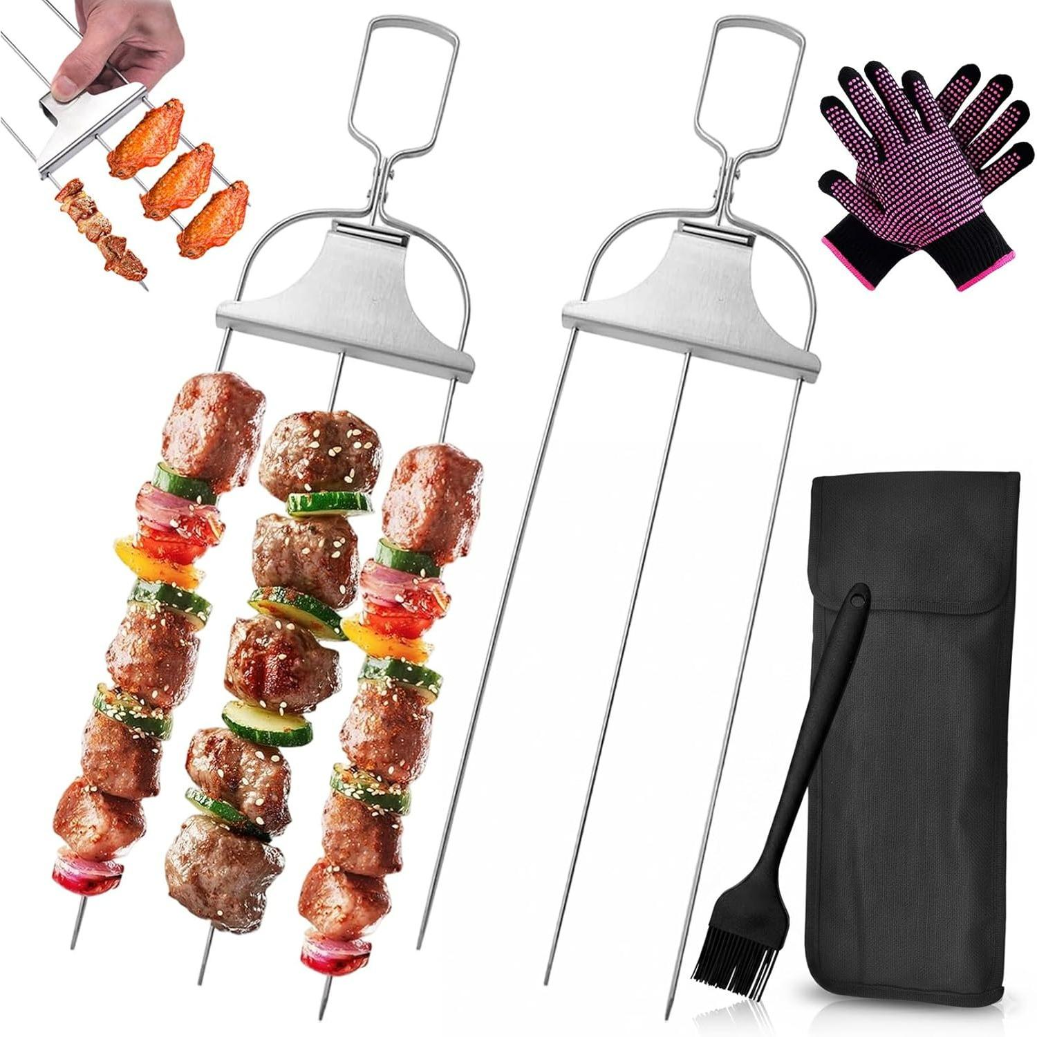 3 Way Stainless Steel BBQ Skewers,3 Way Grilling Skewers with Brush and Storage Bag, BBQ Skewers with Smooth Push Bar Slider,for Meat,Chicken,Veggies X