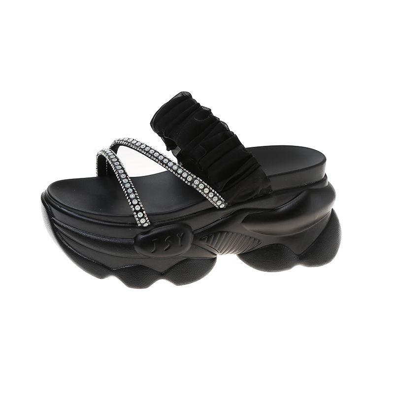 CINESSD Summer Platform Slippers Women Blue Pleated Riband Discolor Ladies Chunky Sole Beach Cool Wedges Slides Shoes Woman