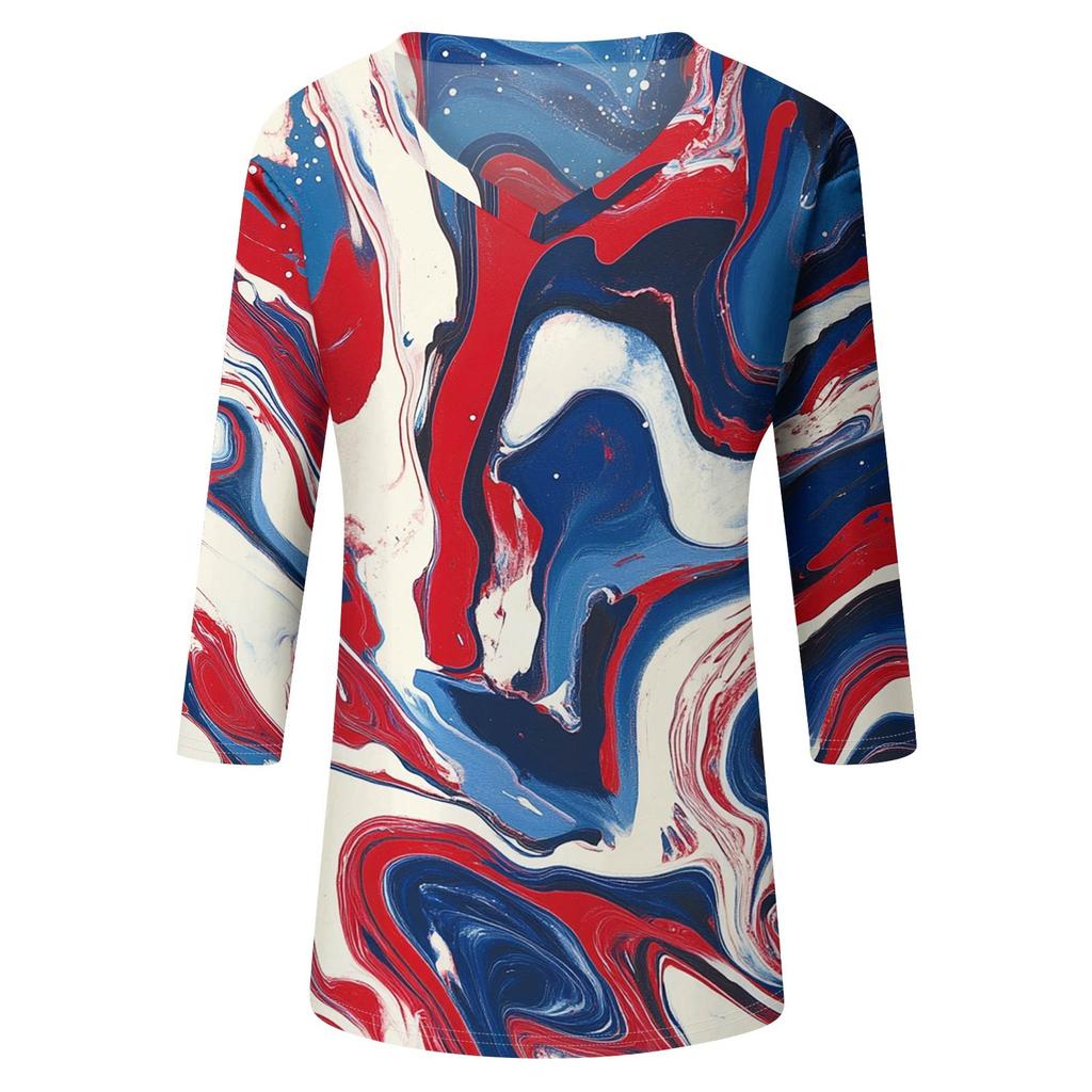 Women's Tops Three-quarter Sleeve Shirt V-neck Loose Casual Shirt Floral Print T-shirt