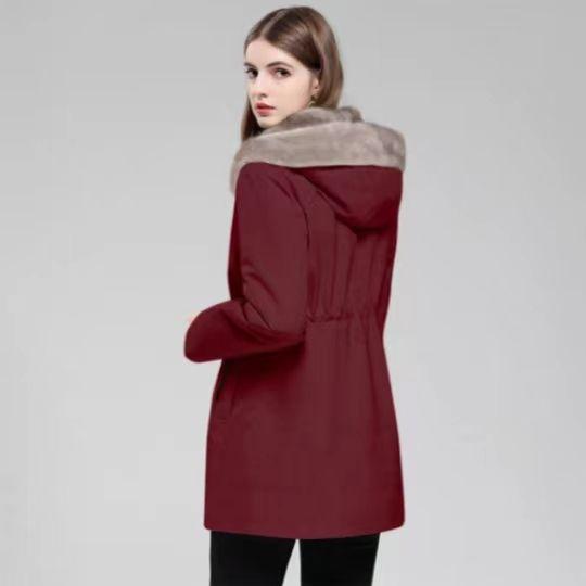 

Зимняя женская толстая парка Искусственный норковый флис Внутренняя Длинная парка Кулиска Капюшон Парка Пальто 5XL вино красного