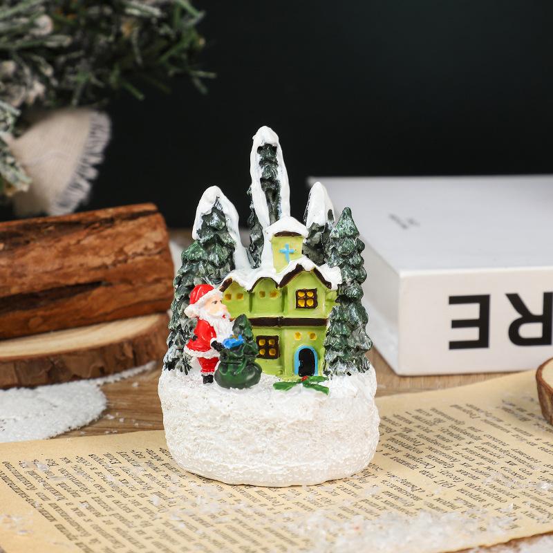 Christmas Cartoon Glowing Small House, Santa Claus, Snowman Miniature Landscape Resin Figurine, Christmas Decoration Item