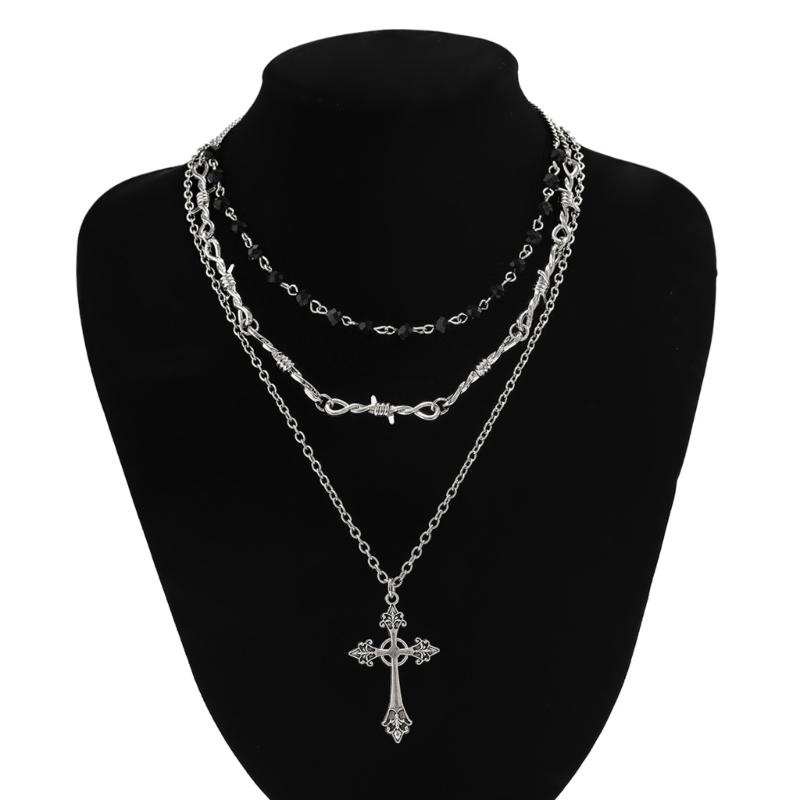Punk Thorn Cross Pendant Necklace Dark Gothic Cross Fringe Choker Necklace for Women Unique Clavicle Chain Stylish Gift