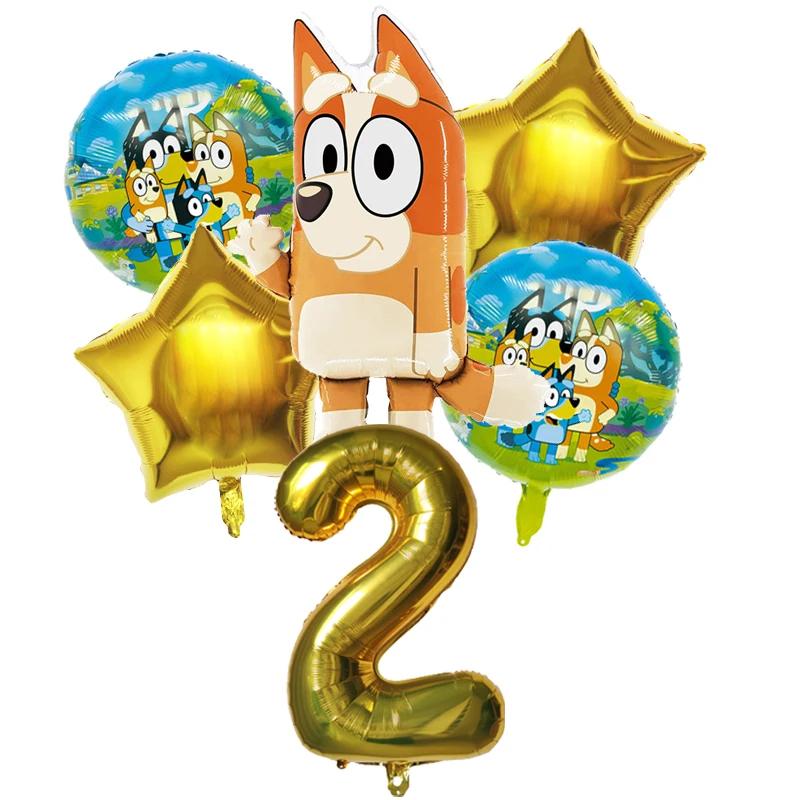 6 Stück Familie Bluey Aluminiumballon Cartoon Bingo Aktivität Spielzeug Blau Gold Stern Ballon Dekoration Sammlung Geburtsdatum Feier Babyparty Zubehör