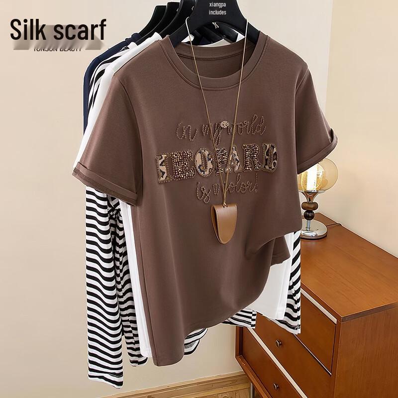 Women s Beaded Letter Round Neck Short Sleeve T-shirt M