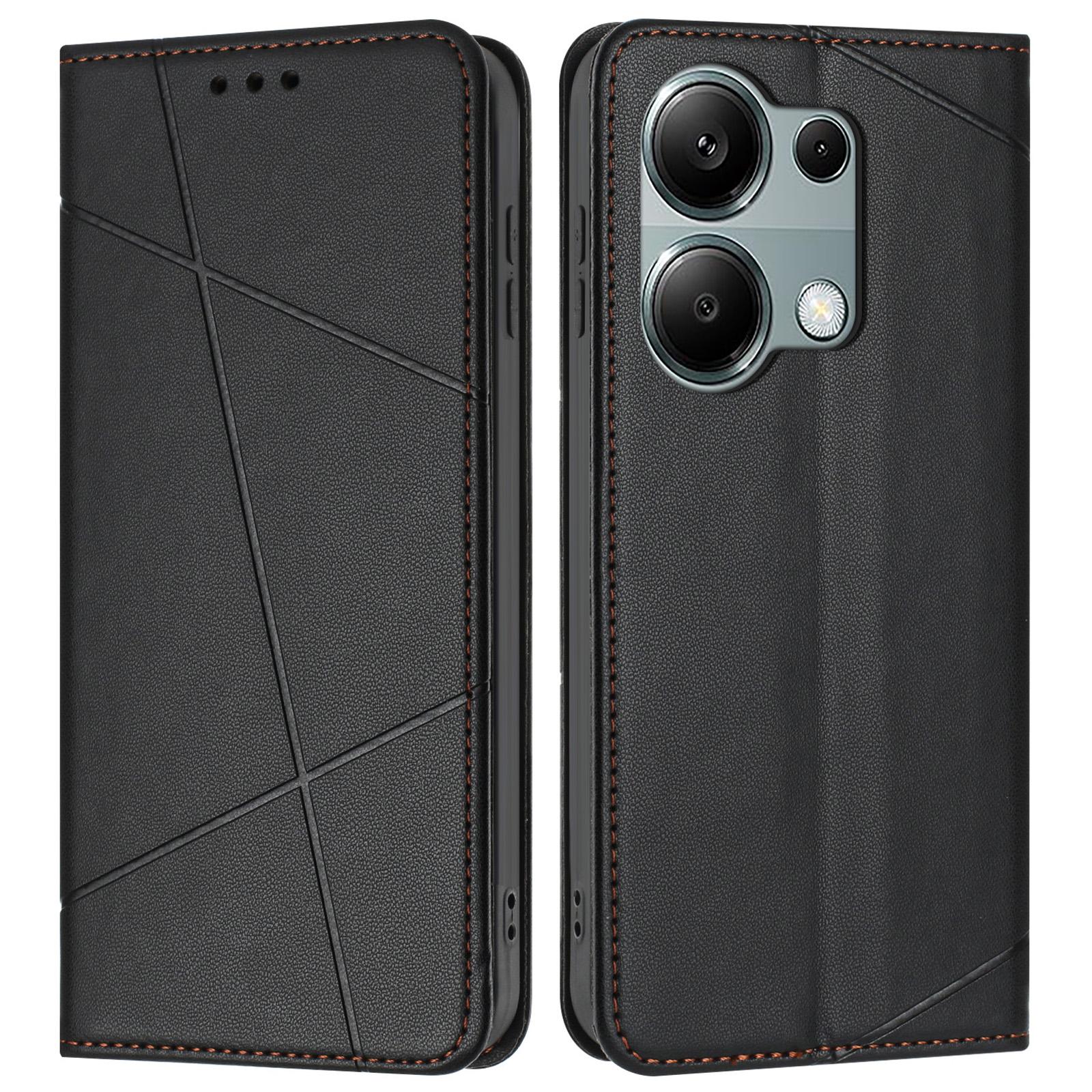 

For Xiaomi Redmi Note 13 Pro 4G Wallet Case Line Imprinted Leather Stand Phone Cover with Wrist Strap Black