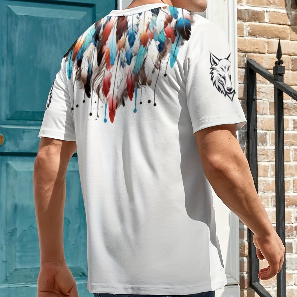 Men's Tribal Wolf Graphic T-shirt, Active Slightly Stretch Breathable 3D Print Tee For Outdoor