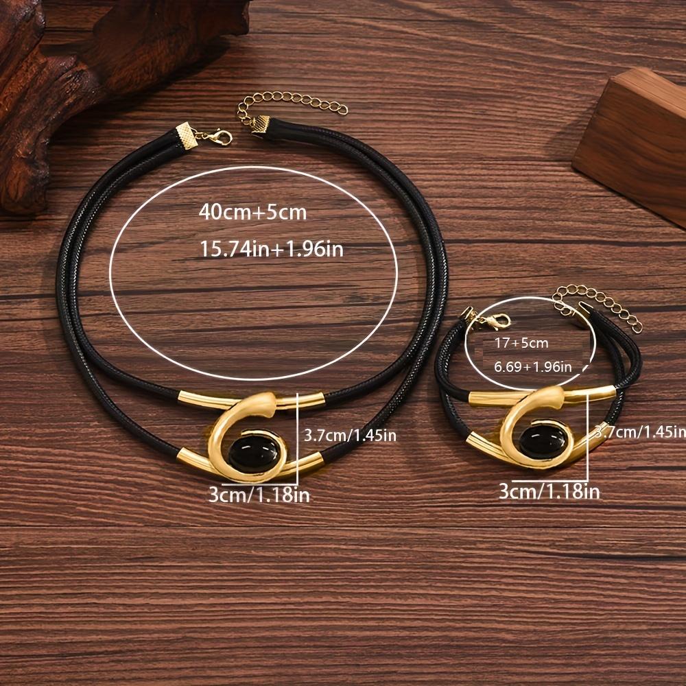 Two-Piece Set for Women Bohemian Style Spiral Inlaid Black Acrylic Synthetic Gemstone Long Bead Pendant Necklace and Bracelet Set