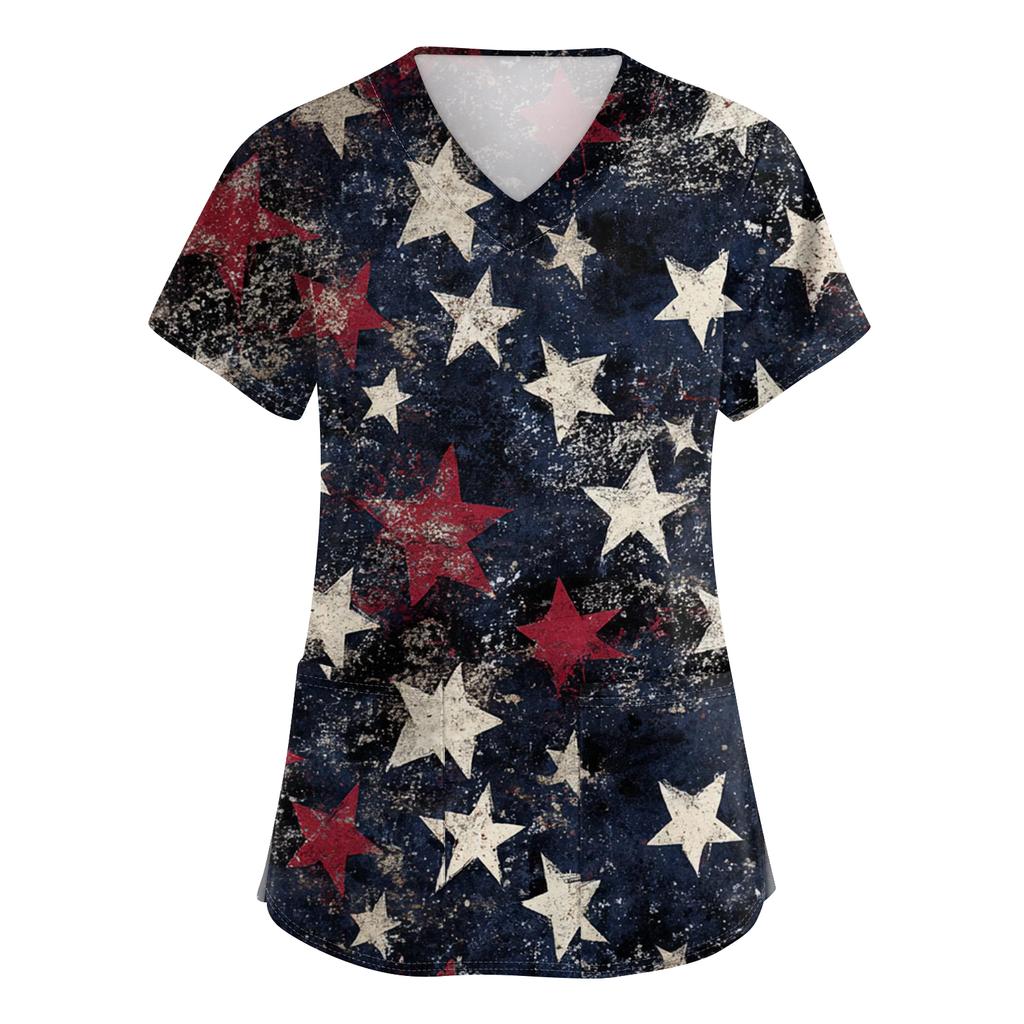 Women's Fashionable V-Neck Short-Sleeved Work Top With Pockets And Independence Day Print  Uniform