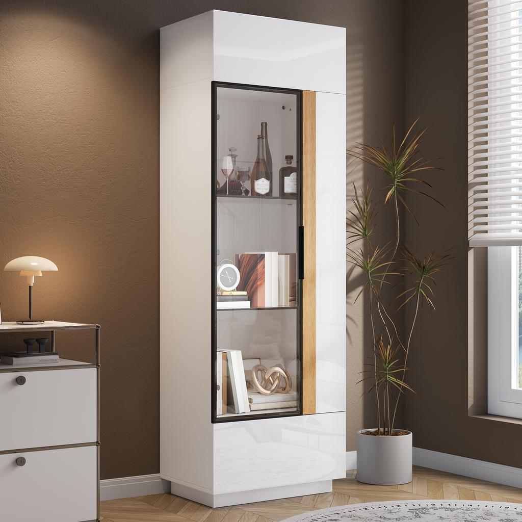 Vetrina Armadio Alto con Porta in Vetro, Illuminazione LED con Controllo App, Telaio in Alluminio, Mobile per Soggiorno, Armadio Contenitore con Ante