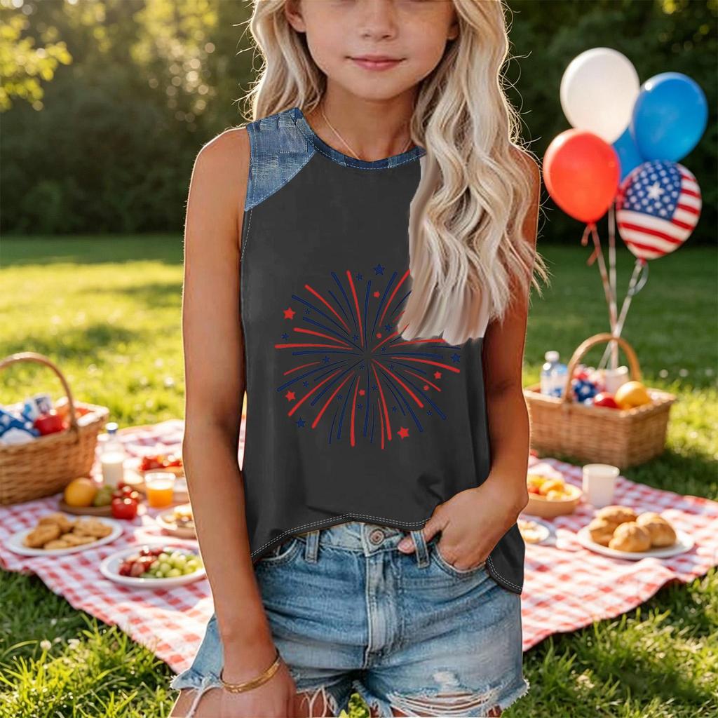 Girls Sleeveless Loose Fit Tank Top Independence Day Firework Print Round Neck Denim Patchwork T Shirt Summer Casual Tee