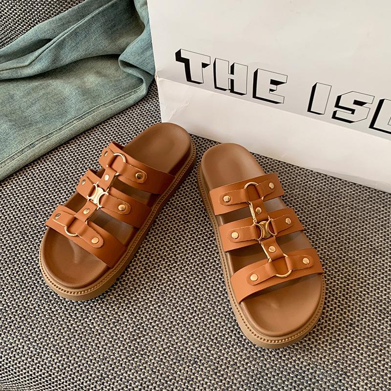 

Xiaoxiangfeng summer new hardware camellia toe flat sandals fairy fairy wind beach sandals versatile 40 коричневый