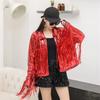 Lapel Long Sleeve Open Stitch Short Type Women Coat Shiny Sequins Tassel Stage