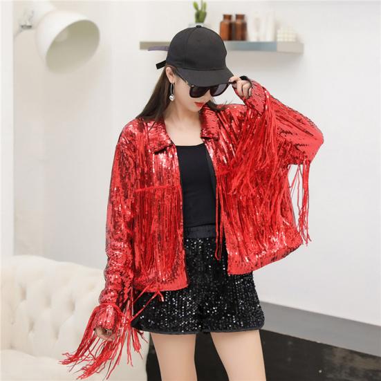 Lapel Long Sleeve Open Stitch Short Type Women Coat Shiny Sequins Tassel Stage