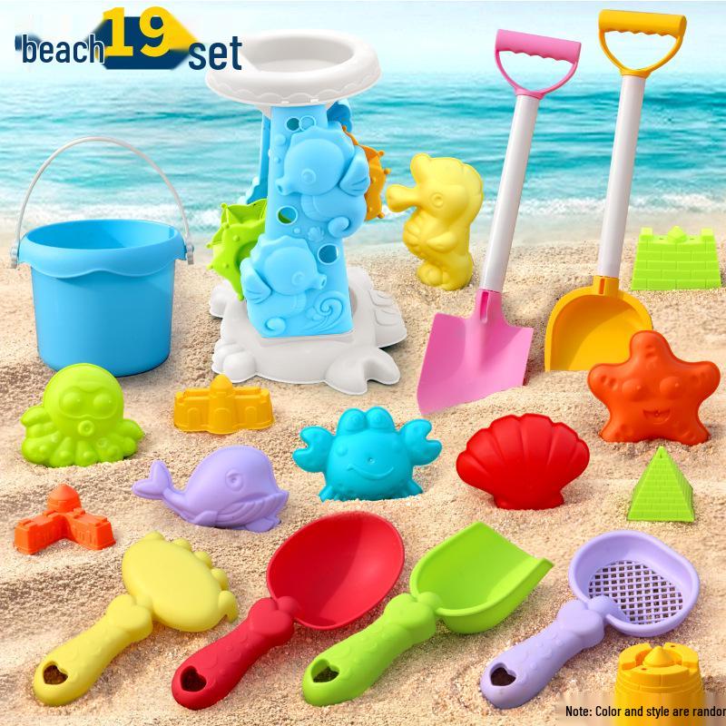 Complete Beach Toy Set: Includes Shovel, Wheelbarrow, Bucket, and Water Toys for Kids' Sand Play at the Seaside.
