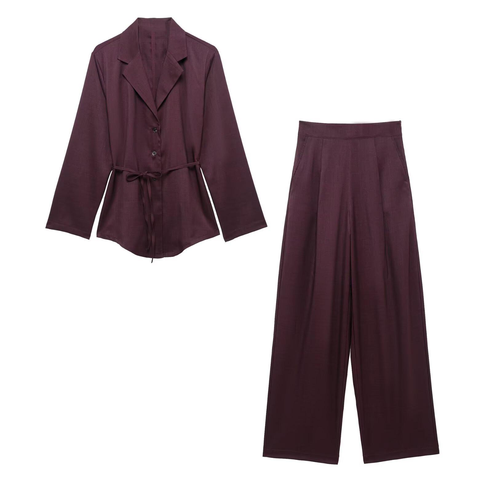 

Women s Spring 2025 Tie-Waist Long-Sleeve Shirt & Pleated Pants Set M
