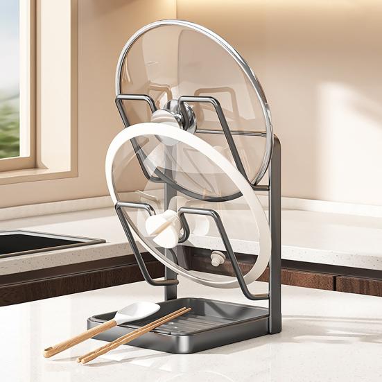Pot Lid Holder with Drain Carbon Steel Utensils Pan U-Shaped Groove Design Kitchen Organizer Drip Tray