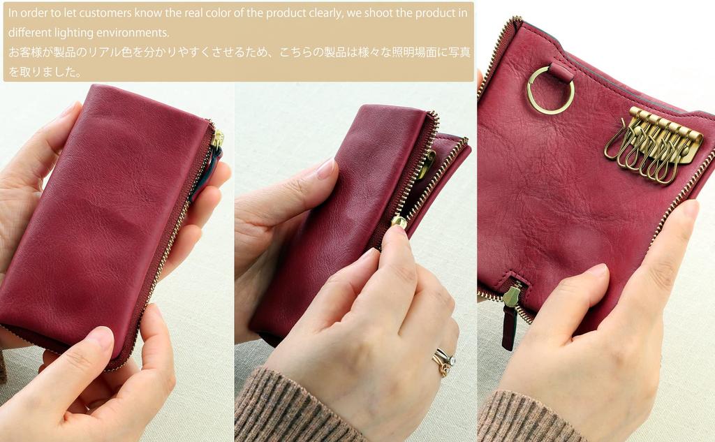 [IJUN] Vintage Key Case with Card Slots and Zipper, Handmade from Vegetable-Tanned Leather