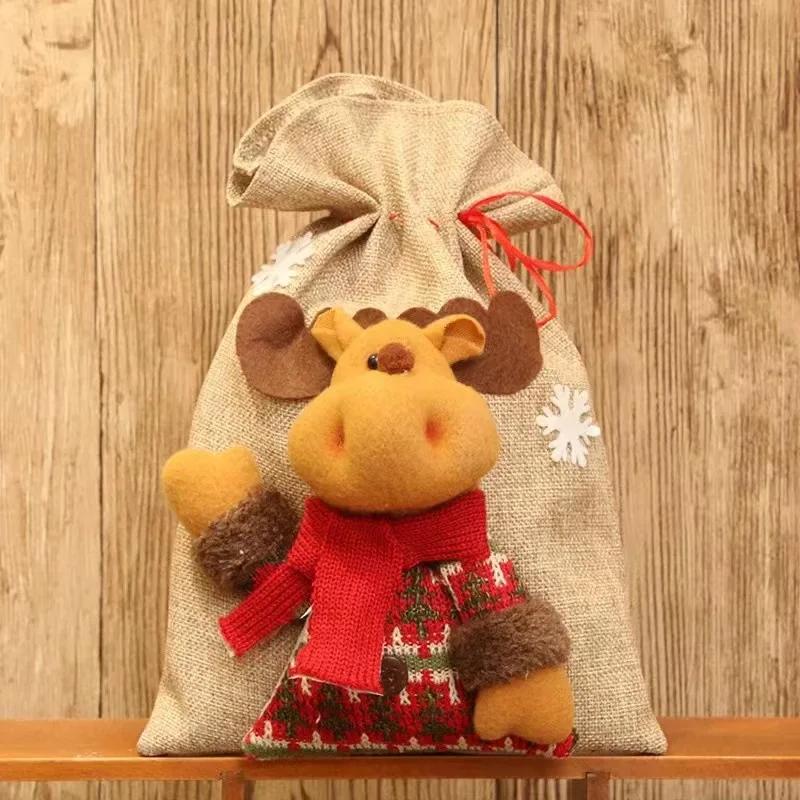 Large Christmas Linen Drawstring Gift Bag Candy Snack Packaging Bag New Year Holiday Cartoon Apple Stocking Christmas Decoration