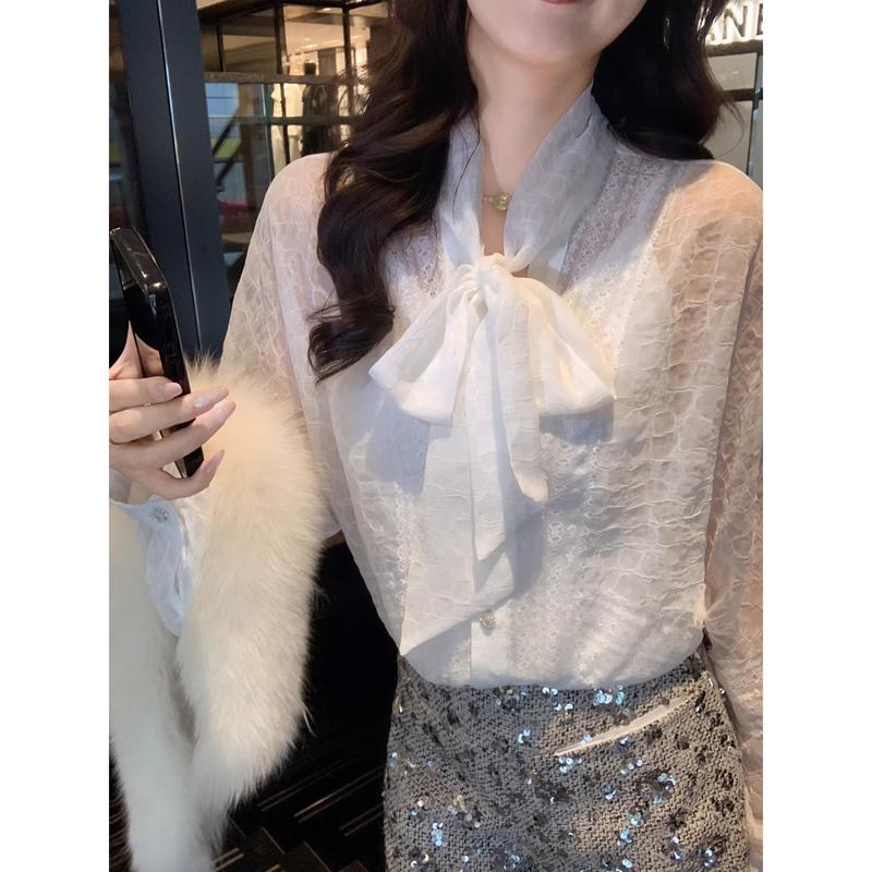 Women's Bowknot Lace Chiffon Blouse