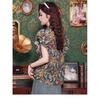 Qooth Women Summer Vintage Floral Ruffled Collar Blouse Hong Kong Style Short Sleeves Blouse QT2648