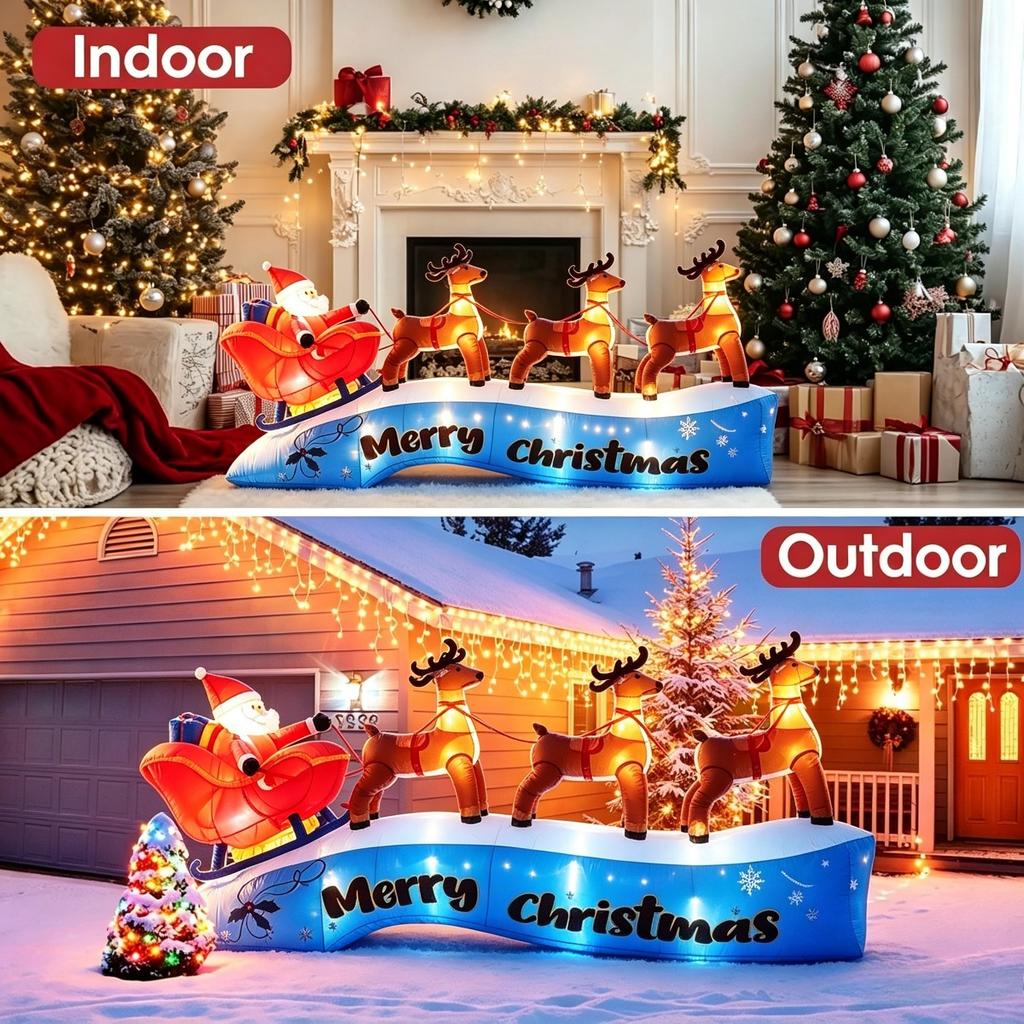11.8FT/3.6M Inflatable Santa Claus Sleigh with 3 Reindeer Christmas Outdoor Yard Decoration