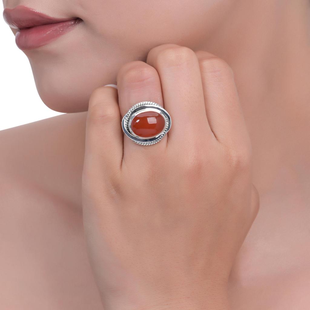 Natural Carnelian Ring In Sterling Silver 925 - Oval Statement Gemstone Jewelry with Vintage Twisted Rope Design - Gift for Women