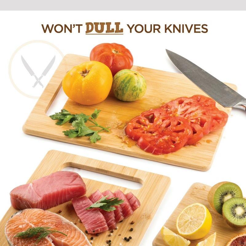 Bamboo Cutting Boards for Kitchen [Set of 3] Wood Cutting Board for Chopping Meat, Vegetables, Fruits, Cheese, Knife Friendly Serving Tray with Handle