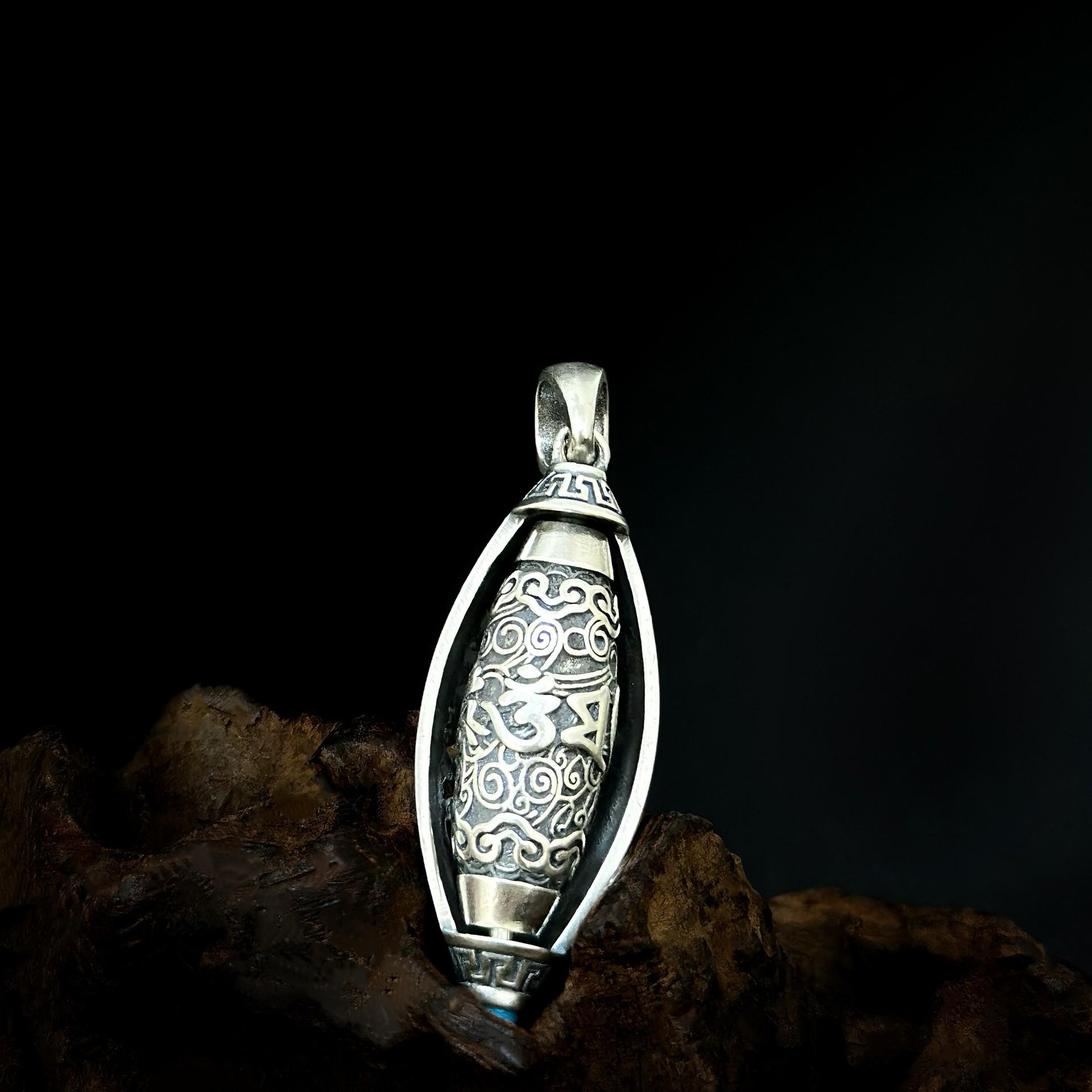 

S925 Sterling Silver Mantra Wheel Pendant with Lucky Bead - Ethnic, Retro Style Charm 925 Silver