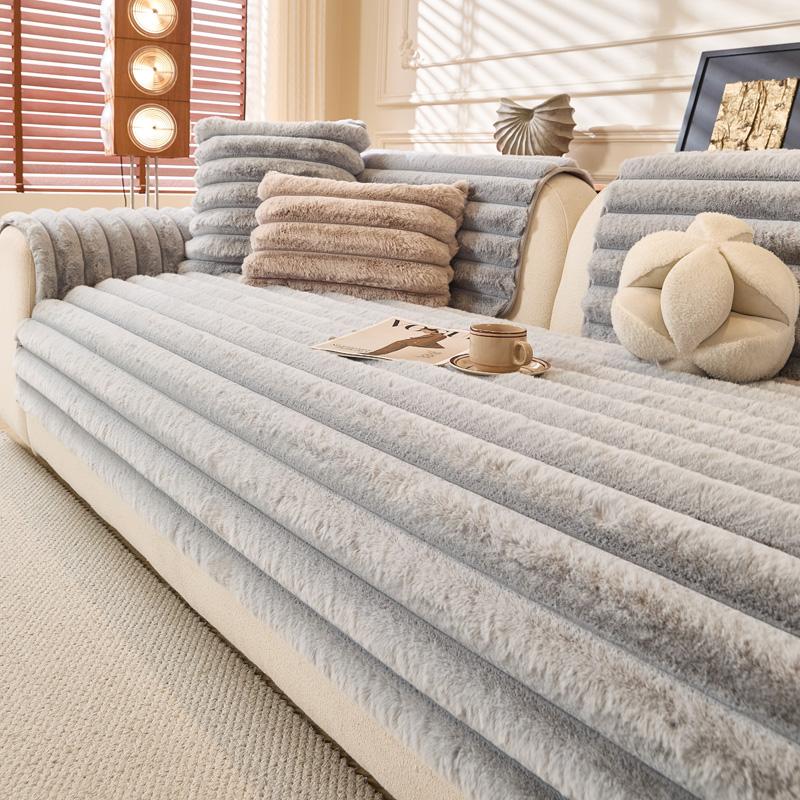 Thicken Plush Stripe Immitation Rabbit Fur Non-Slip Sofa Cover, for Winter Living Room Couch Seat Decor Slipcover Sofa Towel