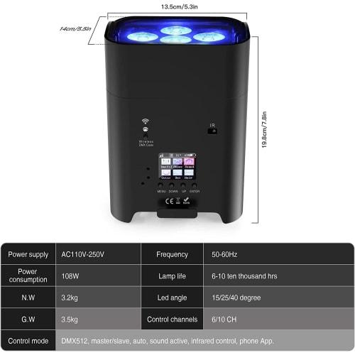 U`King 6x18W RGB LED Stage Lighting, Par Light, Rechargeable 8800mAh Battery, Wireless Operation with APP & Remote Control, WiFi, DMX, and Voice Contr