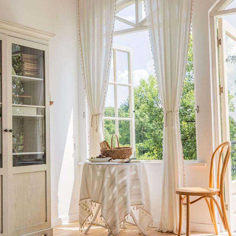 Cotton Linen Solid Striped Embroidery with Tassel Semi-shading Window Curtain Hollowed-out Kitchen Living Room Window Valance