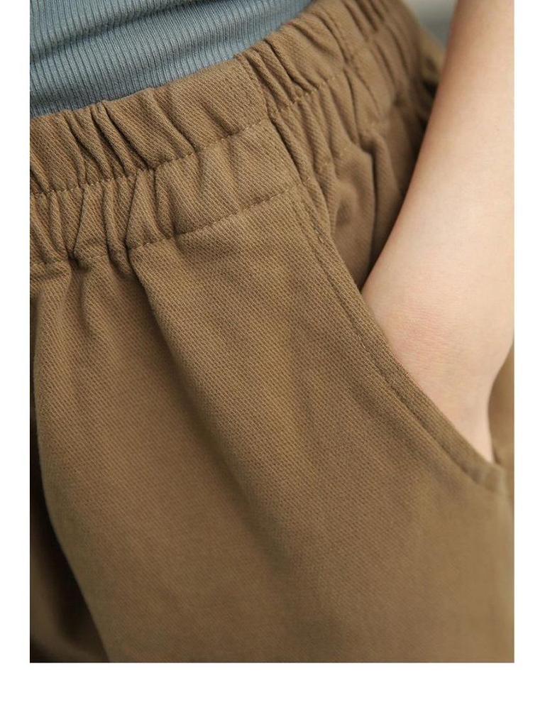 2021 Autumn Women's Retro Twill Slimming Harem Pants - Elastic Waist, Solid Color, Nine-Point Length.